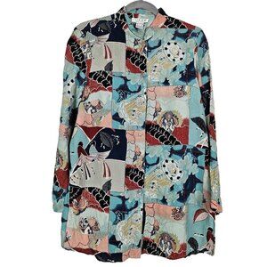 Citron Santa Monica Patchwork Bird Floral Print Mandarin Silk Tunic Shirt S